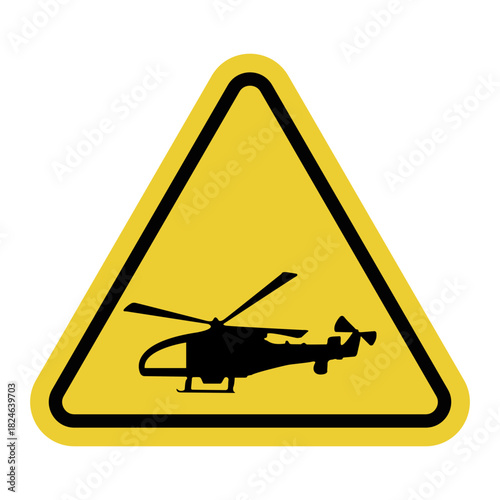 Helicopter operating area. Yellow warning triangle sign. Helipad. Increased noise levels. Small objects being moved by the airflow, posing a risk of injury.