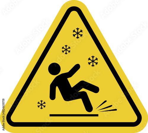 Slippery ice. Yellow warning triangle sign. Risk of slipping on icy surfaces. Risk of injury when walking on slippery surfaces.