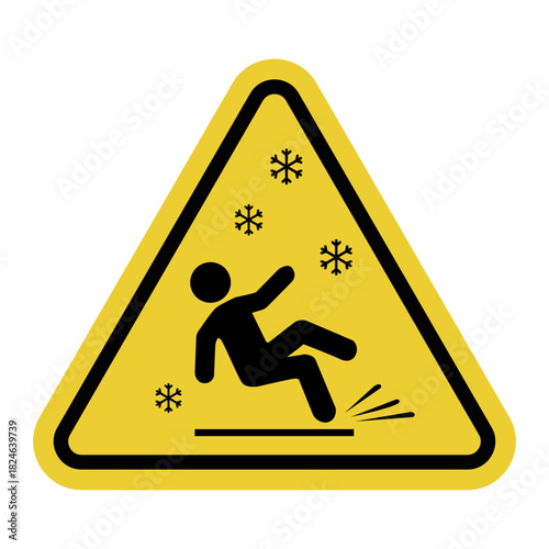 Slippery ice. Yellow warning triangle sign. Risk of slipping on icy surfaces. Risk of injury when walking on slippery surfaces.