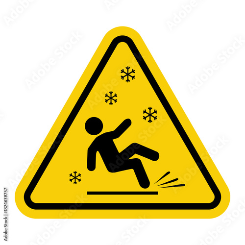 Slippery ice. Yellow warning triangle sign. Risk of slipping on icy surfaces. Risk of injury when walking on slippery surfaces.