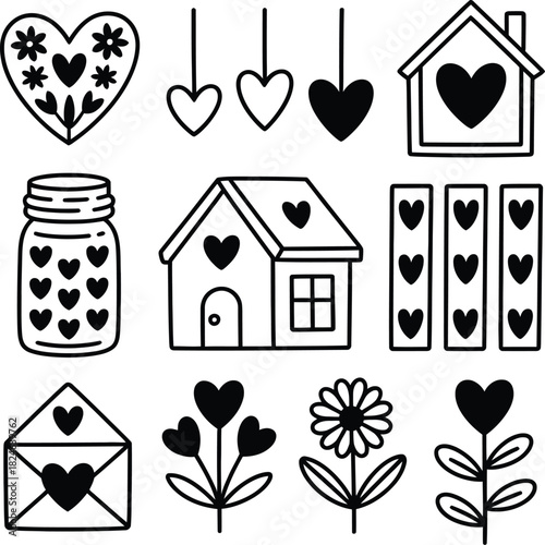 Hand drawn valentines day elements isolated on white background hearts, houses, flowers, jar, envelope, and decorative elements for romantic designs