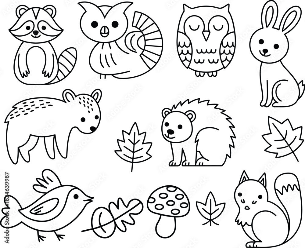 Fototapeta premium Cute forest animals outline illustration isolated on white background, including raccoon, owl, rabbit, bear, hedgehog, bird, squirrel, mushroom and leaves