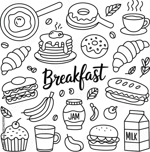 Breakfast doodle set isolated on white background featuring a variety of food items such as pancakes, donuts, croissants, sandwiches, and beverages