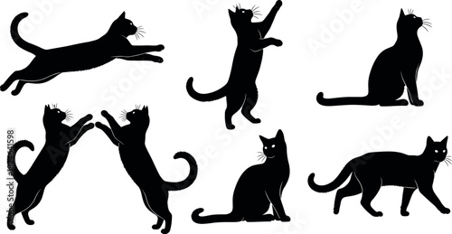 Black cat silhouettes in dynamic poses showing playful, curious, relaxed, and alert feline behavior for animal movement and design reference.