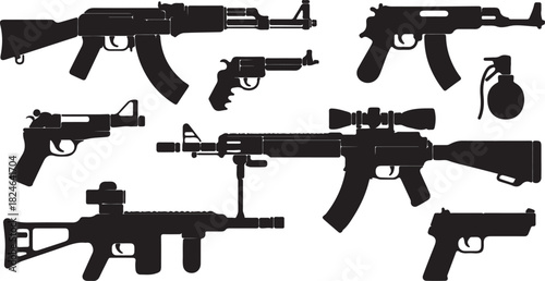 Black silhouette collection of various firearms including rifles, pistols, and a grenade guns weapons