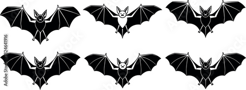 Cartoon bats with spread wings in symmetrical rows, black and white contrast, Halloween animal vector for spooky design themes