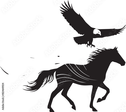 Majestic black horse galloping under a soaring eagle silhouette in dynamic motion