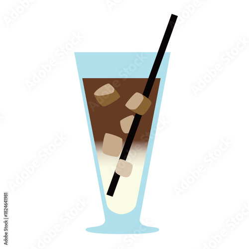 グラスに入った2層に分かれたカフェオレストロー付き