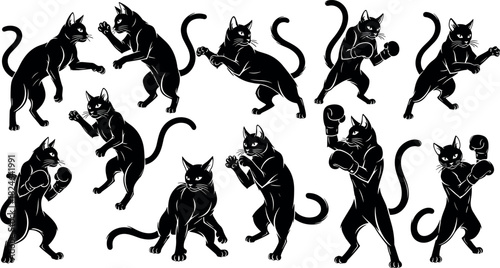 Cartoon black boxing cats in dynamic fighting poses with gloves, muscular bodies, expressive stances, martial arts action vector illustration