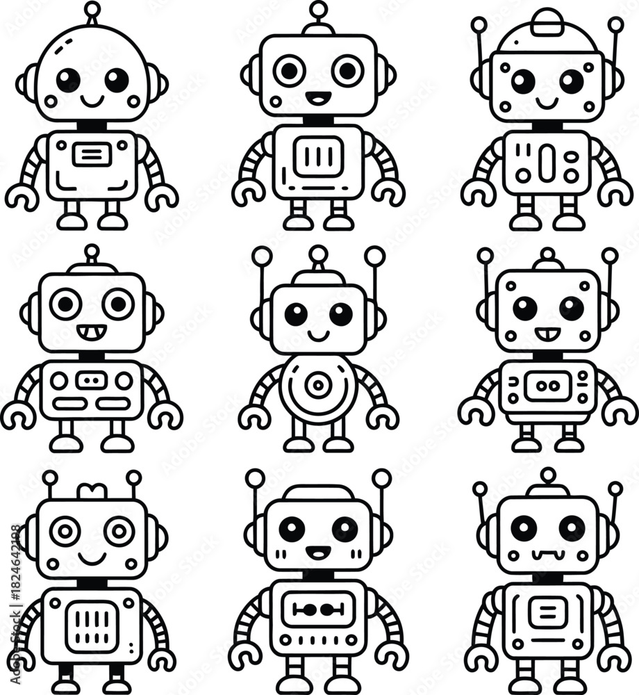 Fototapeta premium Black and White Vector Grid of Nine Cartoon Robots with Unique Designs and Expressions 