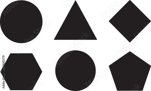 Six Geometric Shapes Including Circles, Triangle, Square, Hexagon, and Pentagon in Black Silhouette Keywords: circle, triangle, square