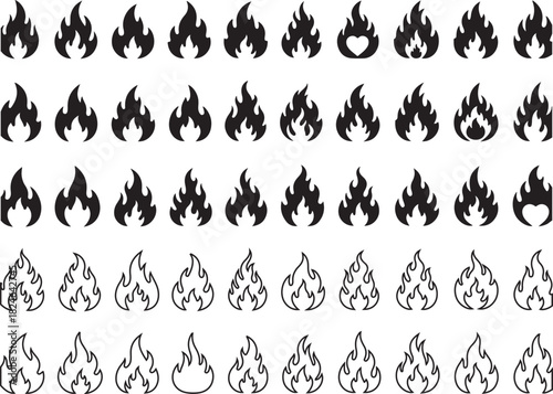 Collection of vector flame icons featuring different fire shapes and burning symbols, suitable for heat or energy-themed designs..eps