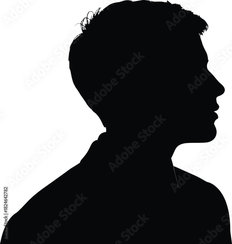 Silhouette of a young man s head and shoulders against white background