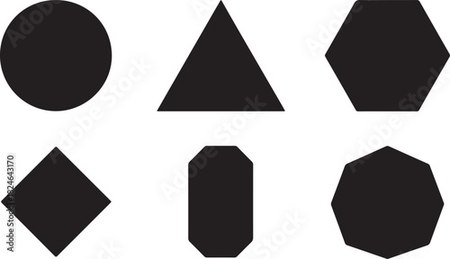 Six Geometric Shapes Including Circle, Triangle, Hexagon, Rhombus, Octagon, and Decagon in Black Silhouette Keywords: circle, triangle