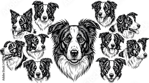 Realistic Border Collie dog face collage illustration in black and white showcasing expressive pet portrait art for animal lovers and breeders.