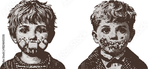 Black Linocut Style Vector Art of Little Boy with Marshmallow Stained Lips Engraving