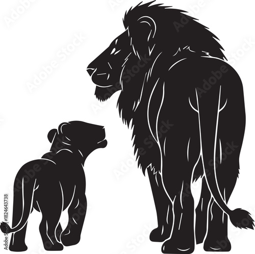 Majestic adult lion with a playful cub standing together in a silhouette style