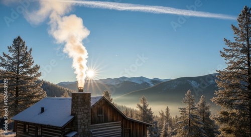 Rustic cabin emits smoke against a backdrop of snowcovered mountains on a clear winter morning
