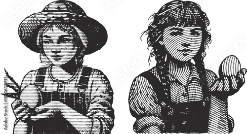 Linocut Farm Girl Portrait: Black and White Engraving of Young Woman with Freckles Holding an Egg