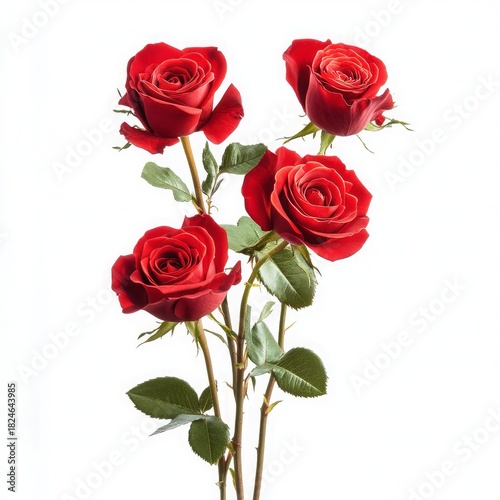 A beautiful bouquet of deep red roses with lush green leaves on a white background