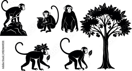 Silhouette monkeys with leaves and tree, jungle wildlife scene, playful primates in nature, black and white vector illustration art