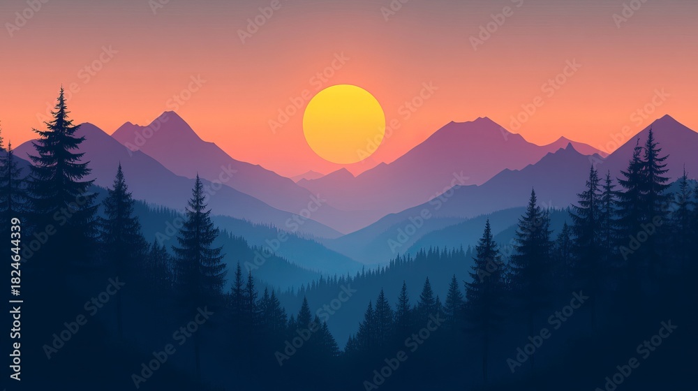 Obraz premium Vibrant sunset over layered mountains and silhouetted pine forest