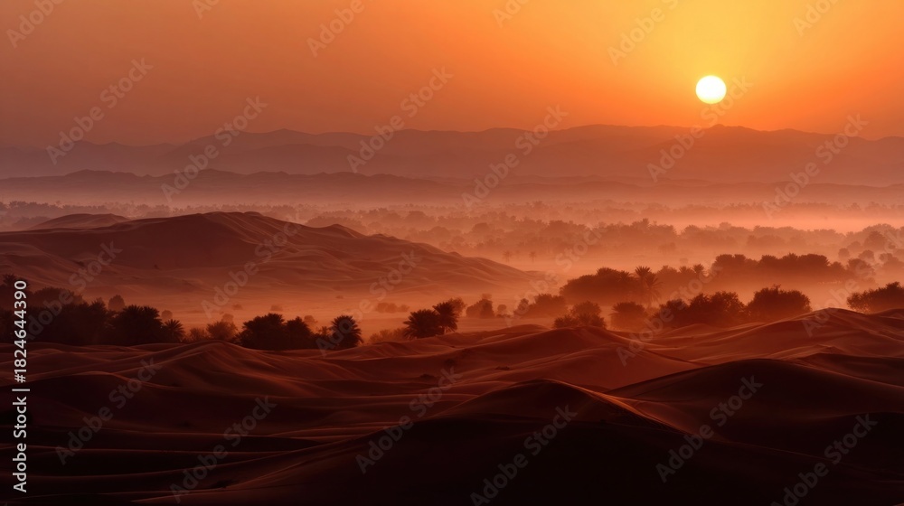 Fototapeta premium Sunrise over misty desert dunes
