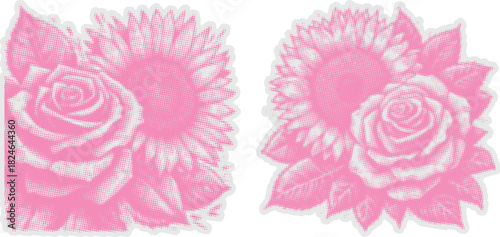 Pink Halftone Sticker Design: Vibrant Rose and Sunflower Floral Pop Art Vector Set