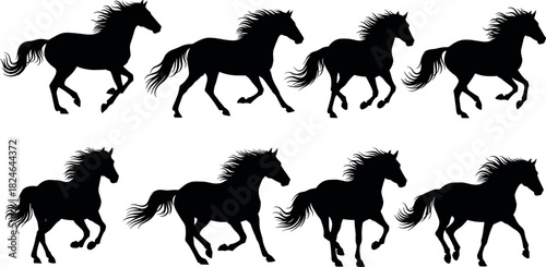 Silhouette vector illustration of galloping horses in motion, dynamic animal poses for equine art, animation, and movement study design.