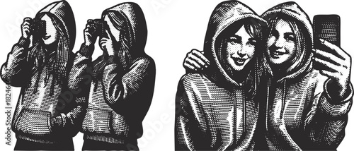 Halftone Selfie Girls: Black and White Engraving Sketch of Friends in Hoodies Posing for Photo Vector