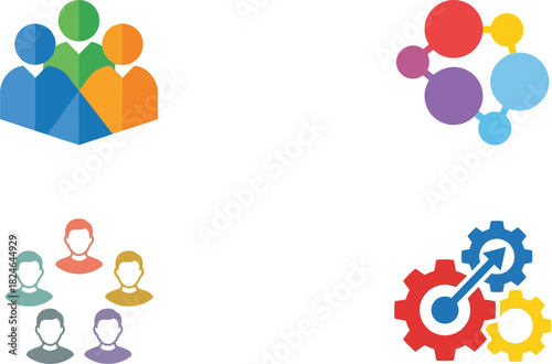 Colorful icons depicting people connections teamwork and gears with settings on transparent background