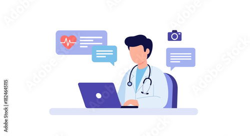 Telemedicine concept with a doctor providing online medical consultation and support via laptop, illustrating virtual healthcare delivery and digital patient services