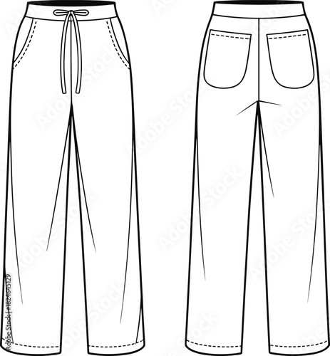 Wide-leg pants technical sketch, fashion illustration, front and back view, garment design, apparel template, clothing mockup, vector drawing, style