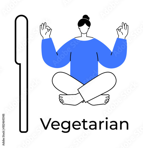 Woman practicing meditation in lotus pose with calm expression, next to a fork symbol. Ideal for wellness, mindfulness, yoga, vegetarianism, balance, self-care and simplicity. A simple flat metaphor