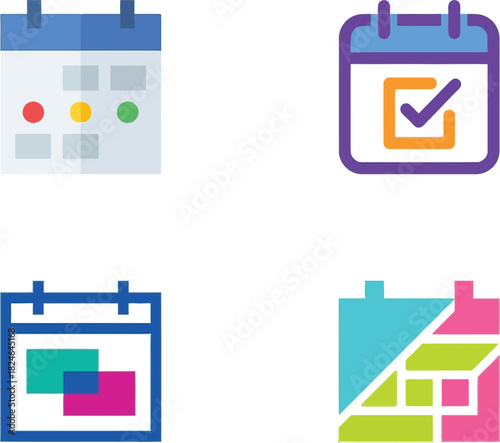 Four colorful calendar icons displaying different views and features on transparent background high quality