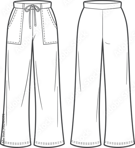 Wide-leg pants technical sketch, fashion illustration, front and back view, garment template, apparel drawing, clothing mockup, vector design, style