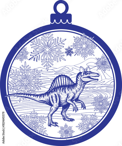 Christmas ornament vector featuring cute spinosaurus dinosaur with bow and snowflakes. Round prehistoric holiday bauble design for laser cutting and decoration.