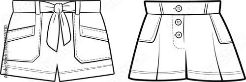 Women’s shorts technical sketch, belted and buttoned styles, front view, fashion vector template, cad drawing flat garment illustration