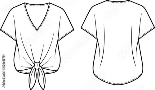 Women’s short-sleeve top technical sketch, V-neck, knotted hem, fashion vector template, cad drawing flat vector illustration