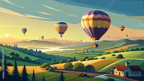 Very beautiful hot air balloons drifting gracefully above a peaceful rural landscape in Pennsylvania, showcasing rolling fields, gentle morning light, and a serene countryside atmosphere, fully compli