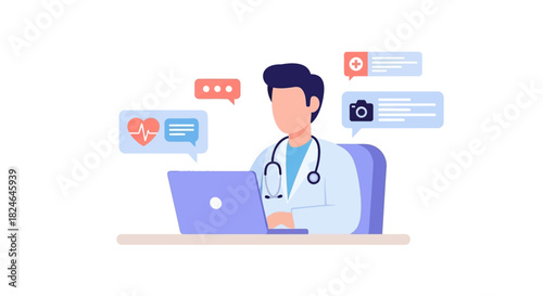 Virtual medical expert engaged in online consultation, seamlessly integrating advanced technology for remote patient support and efficient digital healthcare communication