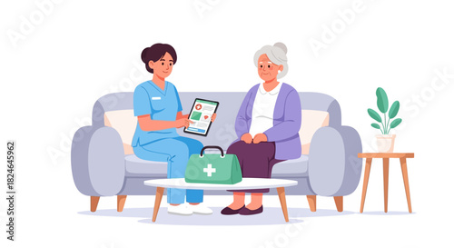 A compassionate caregiver assisting a senior patient at home, explaining health results on a digital tablet