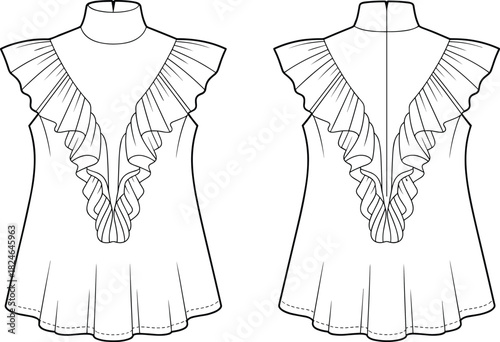 Women's sleeveless blouse fashion sketch, ruffle trim top design, technical flat drawing, garment CAD illustration, sewing pattern template, cad drawing flat vector illustration
