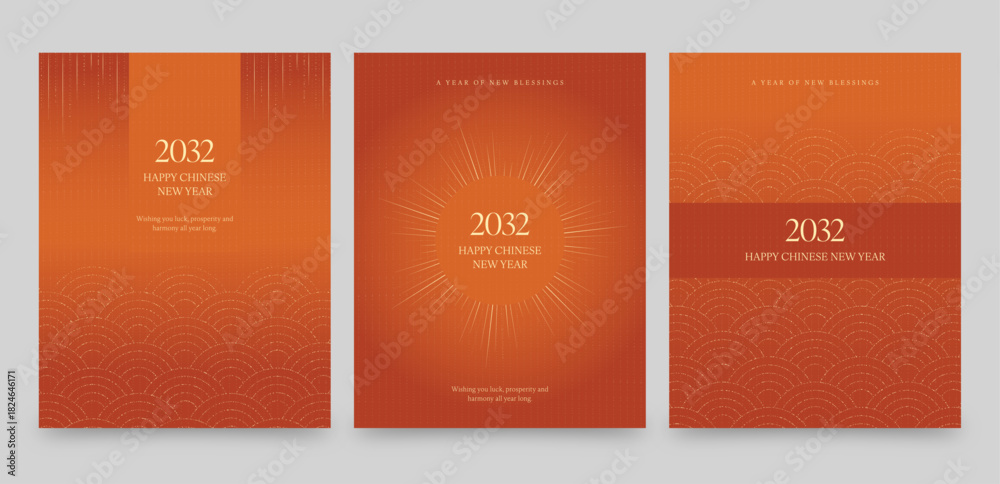 Fototapeta premium Chinese New Year Poster Flyer Template in Orange & Gold with Minimalist Asian Pattern Background