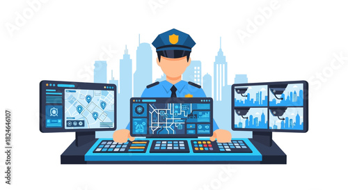 A security guard in a modern surveillance control room monitoring data analytics, location tracking, and video feeds from a central command center