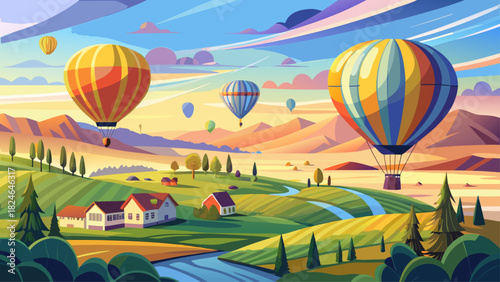 Very beautiful hot air balloons drifting gracefully above a peaceful rural landscape in Pennsylvania, showcasing rolling fields, gentle morning light, and a serene countryside atmosphere, fully compli