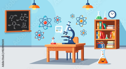 Vibrant vector illustration of a school science classroom laboratory with a microscope, atoms, and chemistry equipment for education