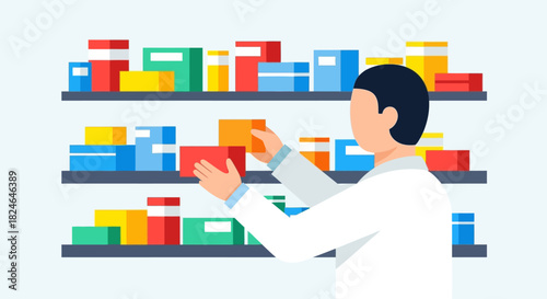 Pharmacist arranging medicines on shelves in a pharmacy