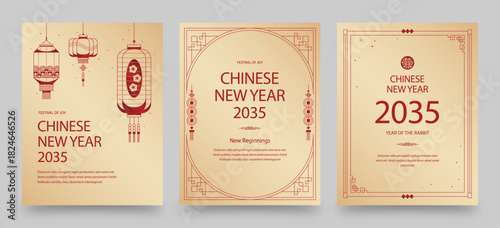 Chinese New Year Poster Flyer Template in Red & Gold with Asian Lantern, Border & Frame Vector