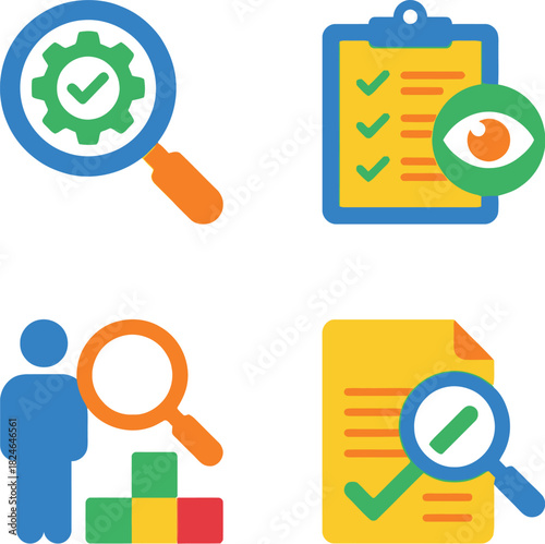 Four colorful icons showing inspection verification human resources and document analysis on transparent background